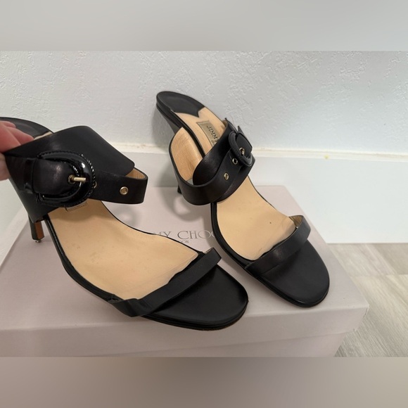 JIMMY CHOO EU 40 Open Toe Ankle Strap BLACK LEATHER SANDALS Heels US 9-9.5 Italy - Picture 4 of 8